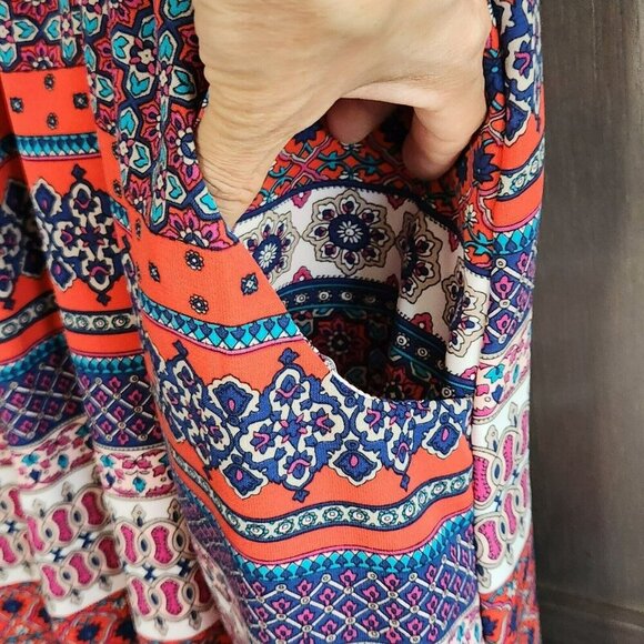 Boho V-Neck Plunge Summer Dress Kimono Sleeve Pockets Multi-Color Print - Picture 5 of 14